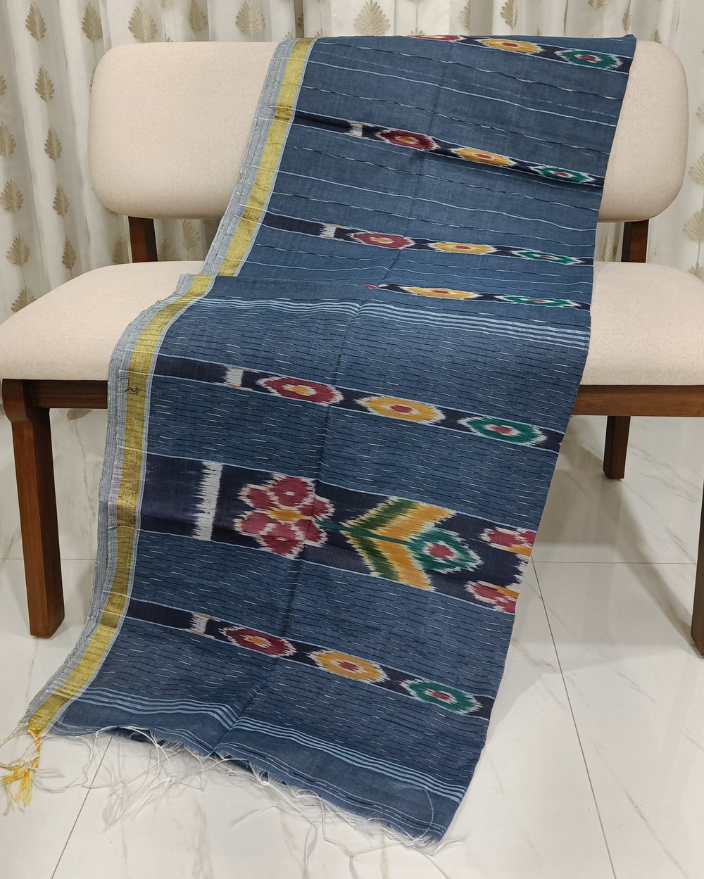 Blue Cotton Blended Saree With Popular Sambalpuri Kotki Work