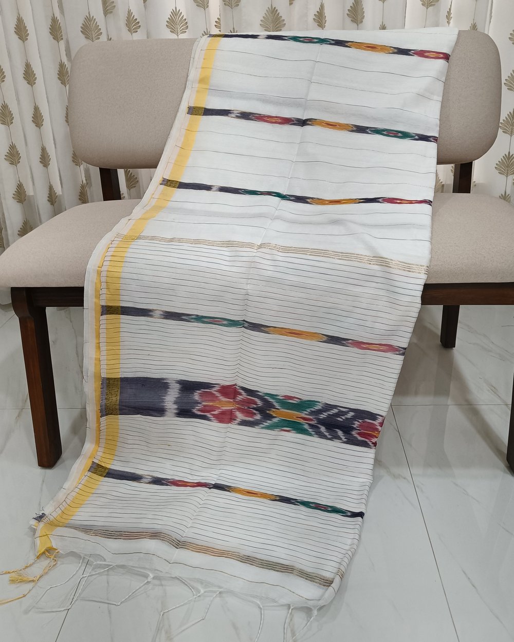 White Cotton Blended Saree With Popular Sambalpuri Kotki Work