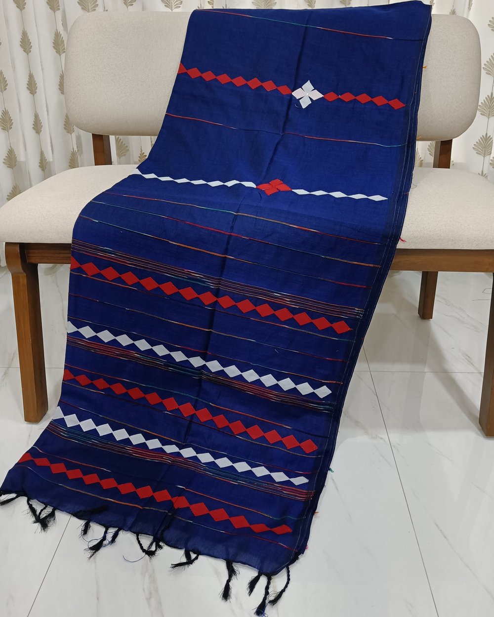 Blue Khes Khadi Cotton Saree With Handcrafted Applique Work