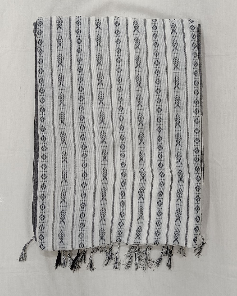 White Khadi With Grey Contrast Pallu And Fish Motifs Weaved