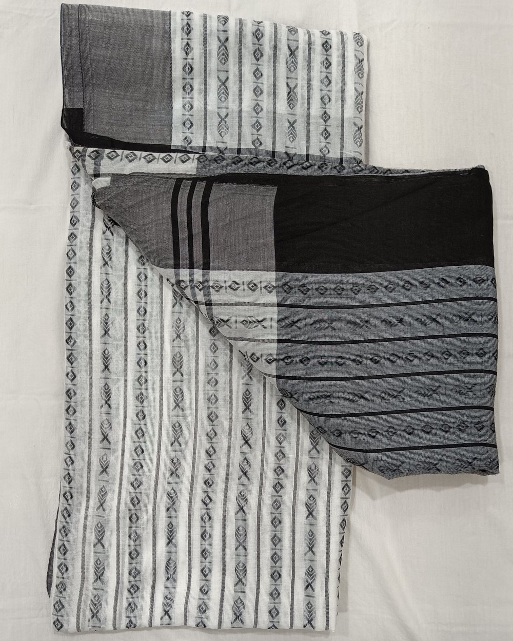 White Khadi With Grey Contrast Pallu And Fish Motifs Weaved