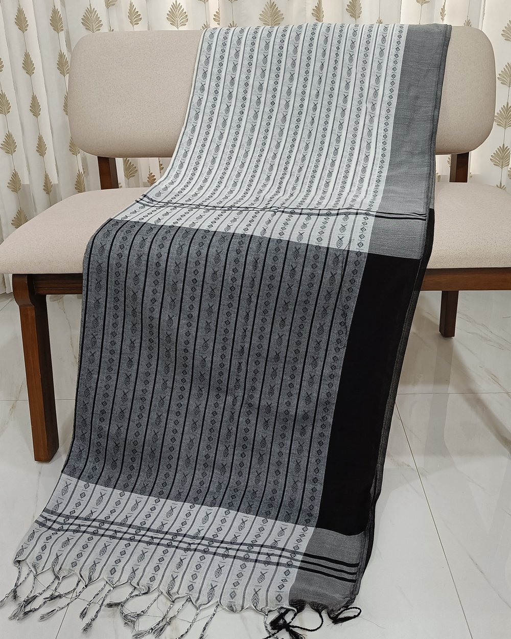 White Khadi With Grey Contrast Pallu And Fish Motifs Weaved