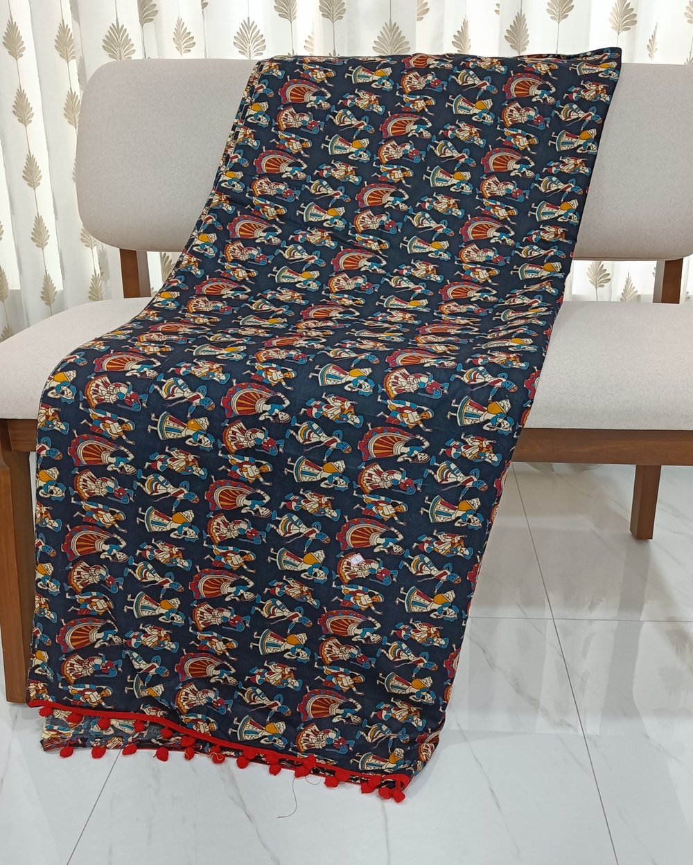 Black Color Cotton Saree With Multi-color Dancing Figures Printed All Over