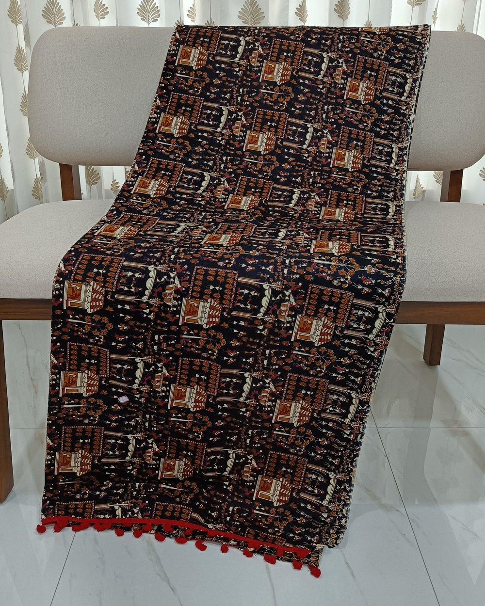 Black Color Cotton Saree With House And Figures Printed All Over