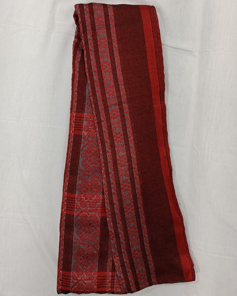 Grey Khadi Saree With Red Threadwork In Begumpuri Pattern