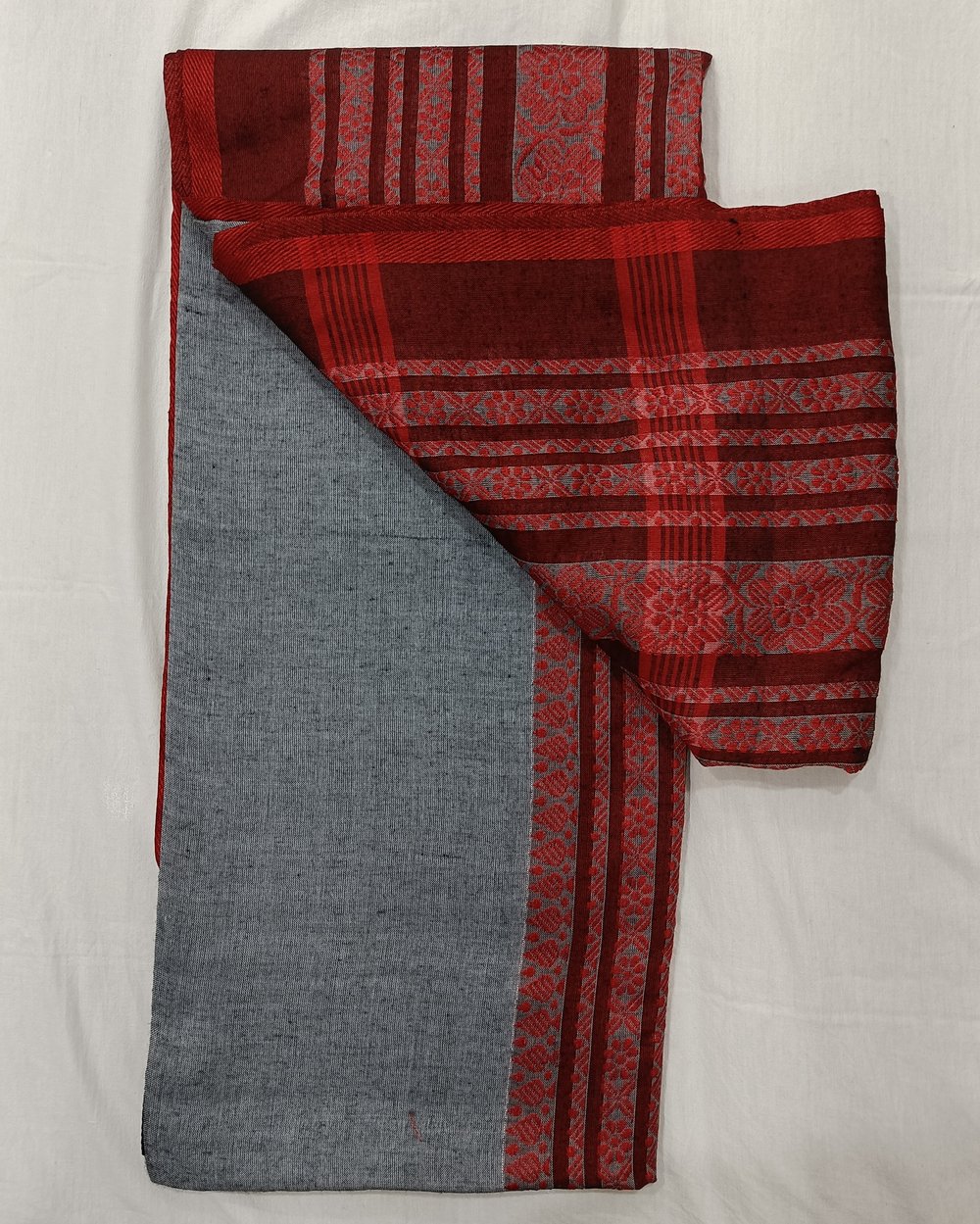Grey Khadi Saree With Red Threadwork In Begumpuri Pattern