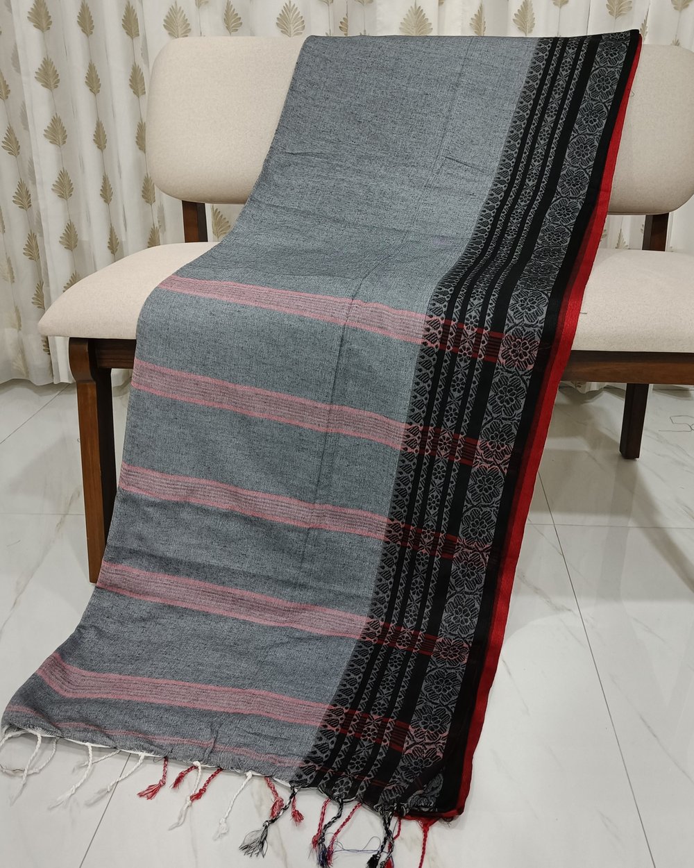 Grey Khadi Saree With Red Threadwork In Begumpuri Pattern