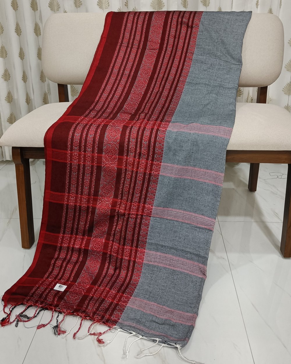 Grey Khadi Saree With Red Threadwork In Begumpuri Pattern
