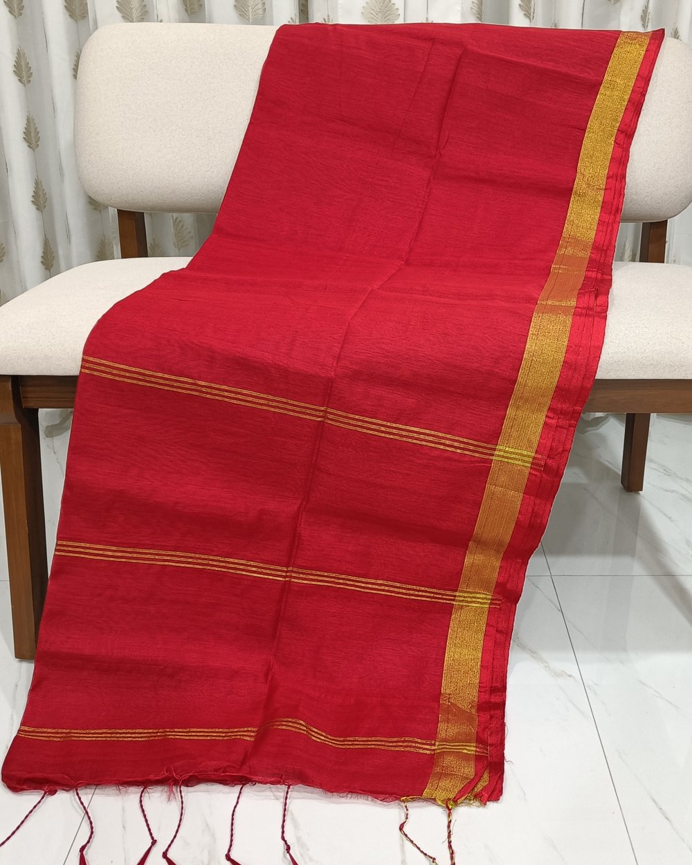 Red Cotton Handloom Saree in Red With Golden Zari Border