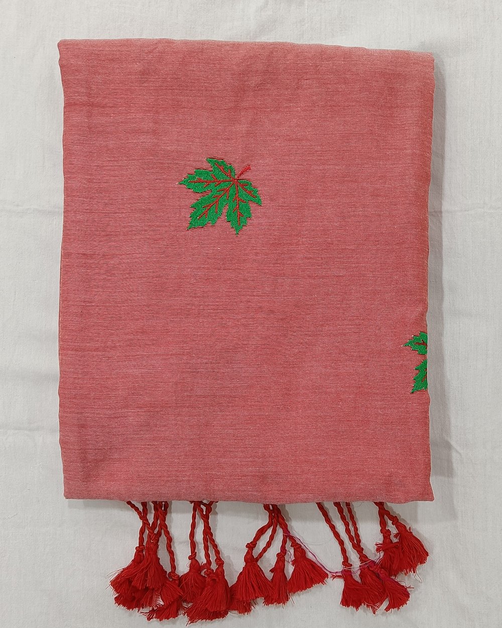 Pinkish Red Color Khadi Saree With Green Color Maple Leaves Embroidery
