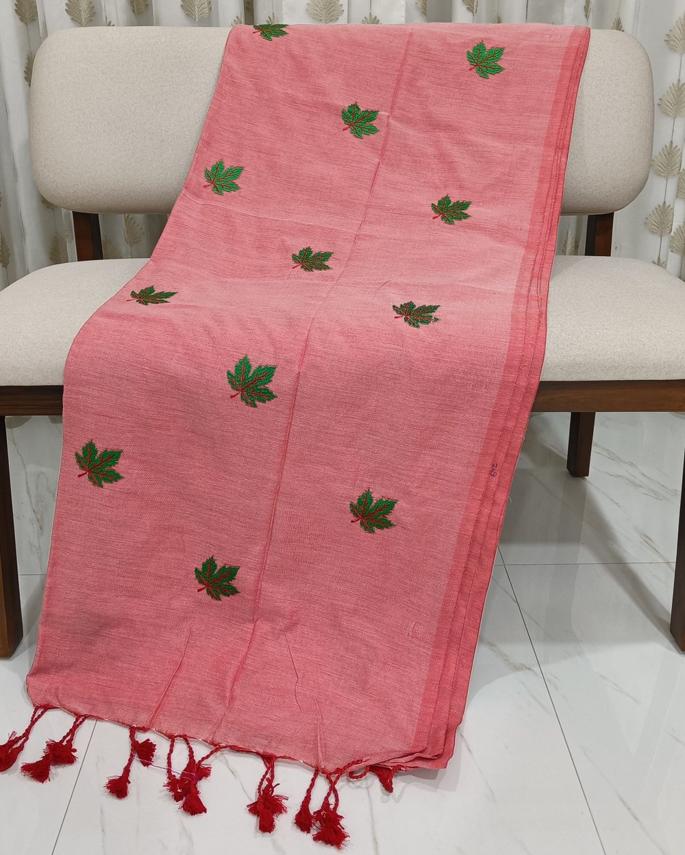 Pinkish Red Color Khadi Saree With Green Color Maple Leaves Embroidery