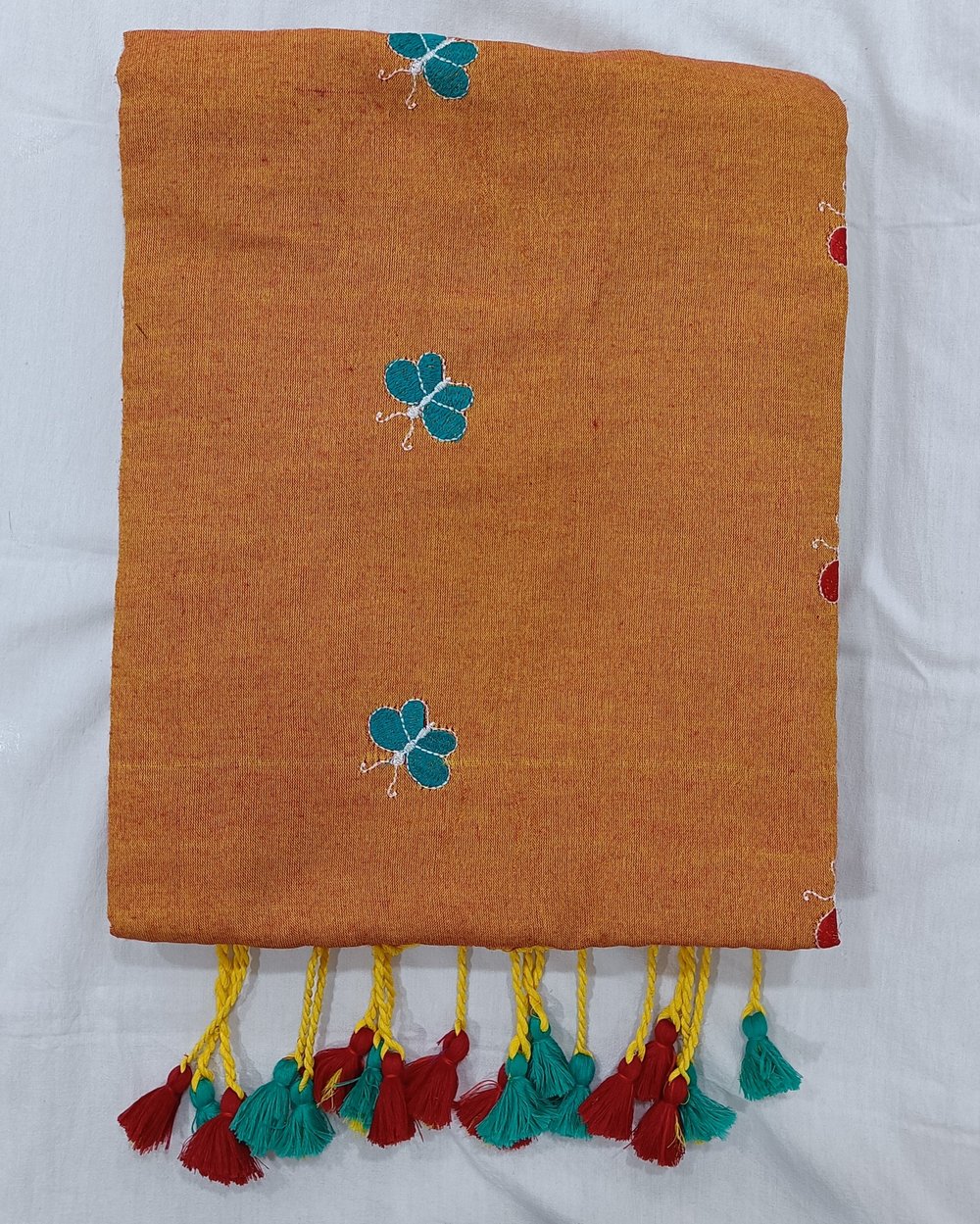 Orange Color Khadi Saree With Red and Blue Butterfly Embroidery