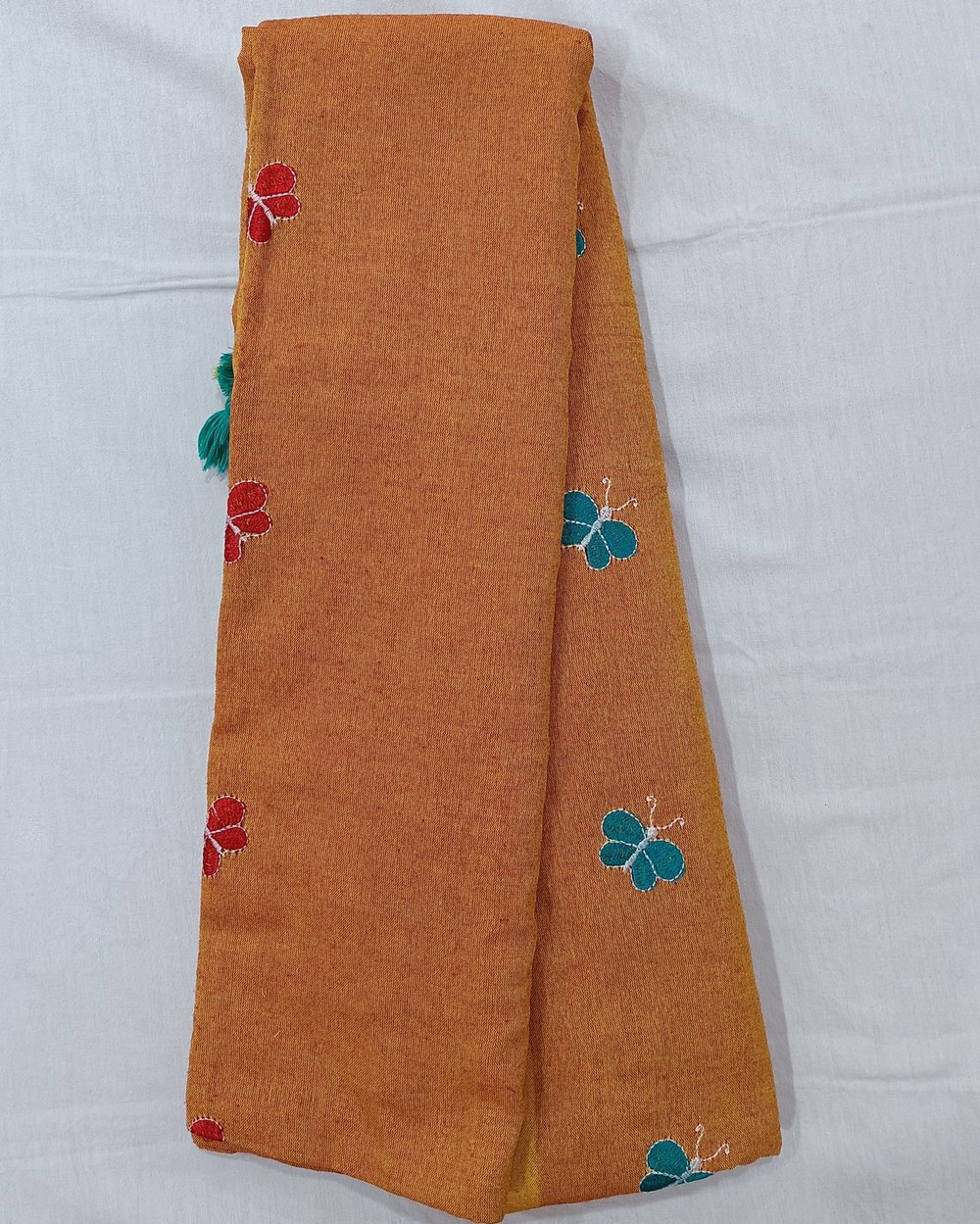 Orange Color Khadi Saree With Red and Blue Butterfly Embroidery