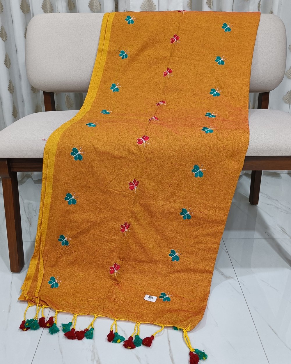 Orange Color Khadi Saree With Red and Blue Butterfly Embroidery