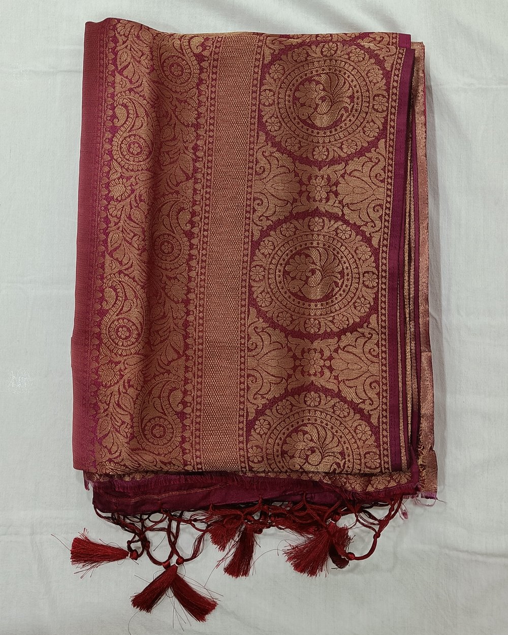 Dark Pink Color Mulberry Soft Silk With Golden Zari Weaving And Brown Contrast Pallu