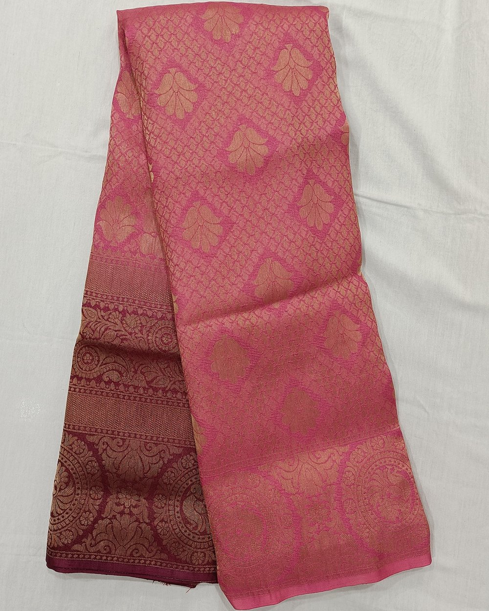 Dark Pink Color Mulberry Soft Silk With Golden Zari Weaving And Brown Contrast Pallu