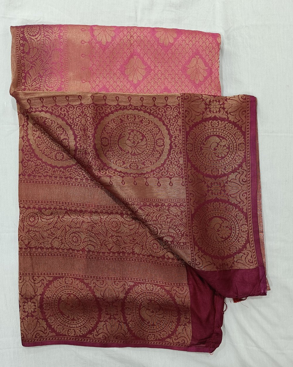 Dark Pink Color Mulberry Soft Silk With Golden Zari Weaving And Brown Contrast Pallu