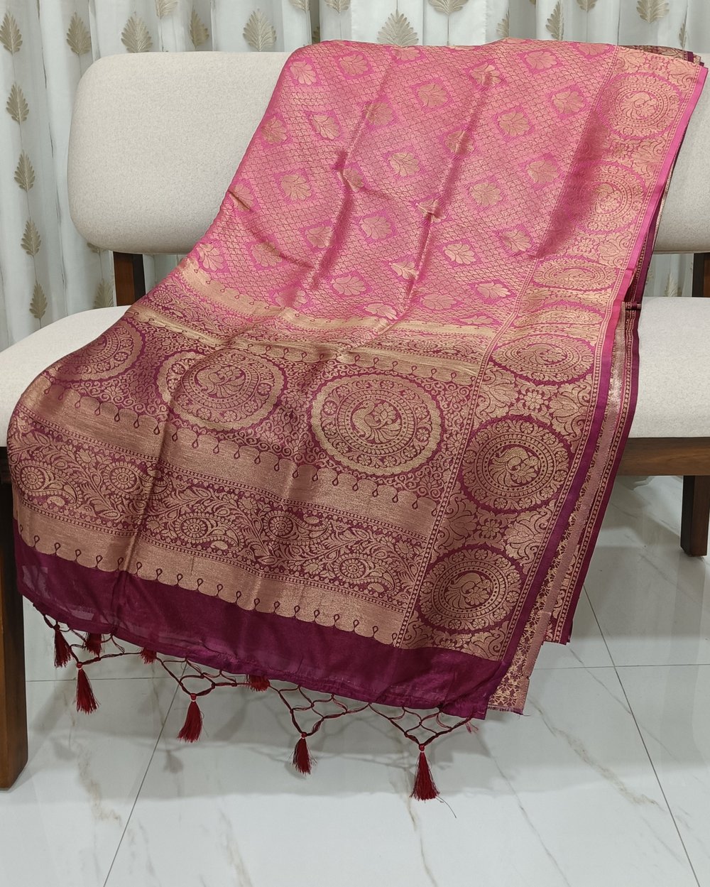 Dark Pink Color Mulberry Soft Silk With Golden Zari Weaving And Brown Contrast Pallu