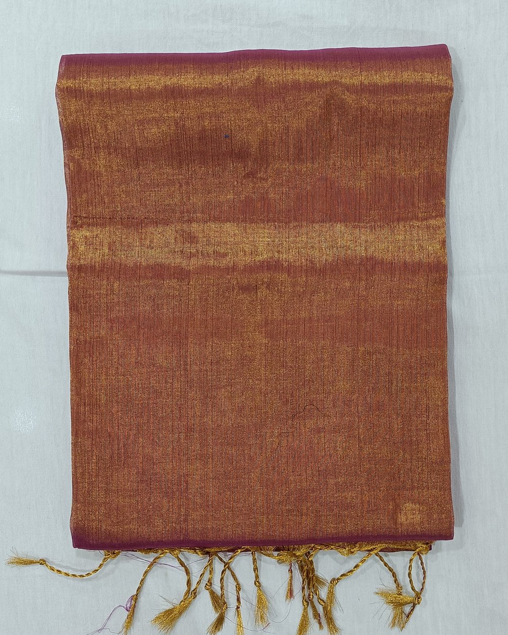 Copper Color Tissue Saree With Tassels At Pallu