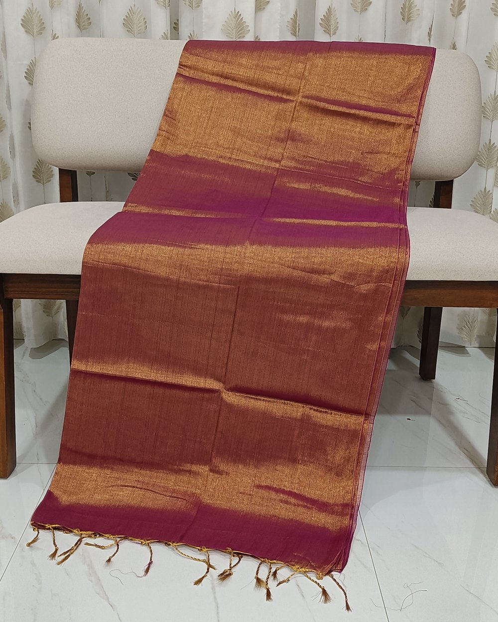 Copper Color Tissue Saree With Tassels At Pallu