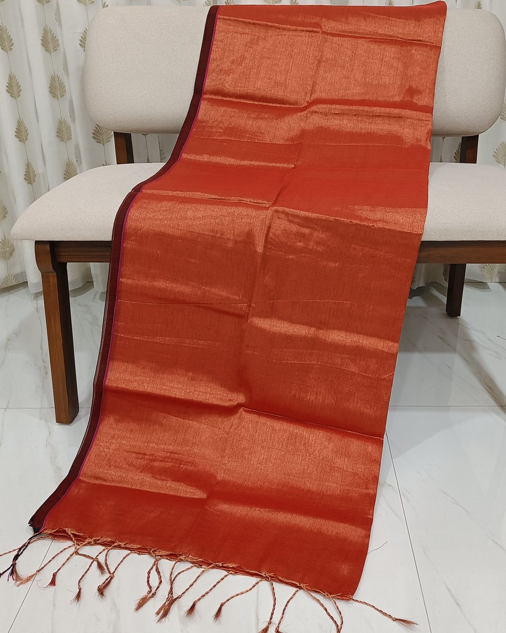 Copper Color Tissue Saree With Tassels At Pallu