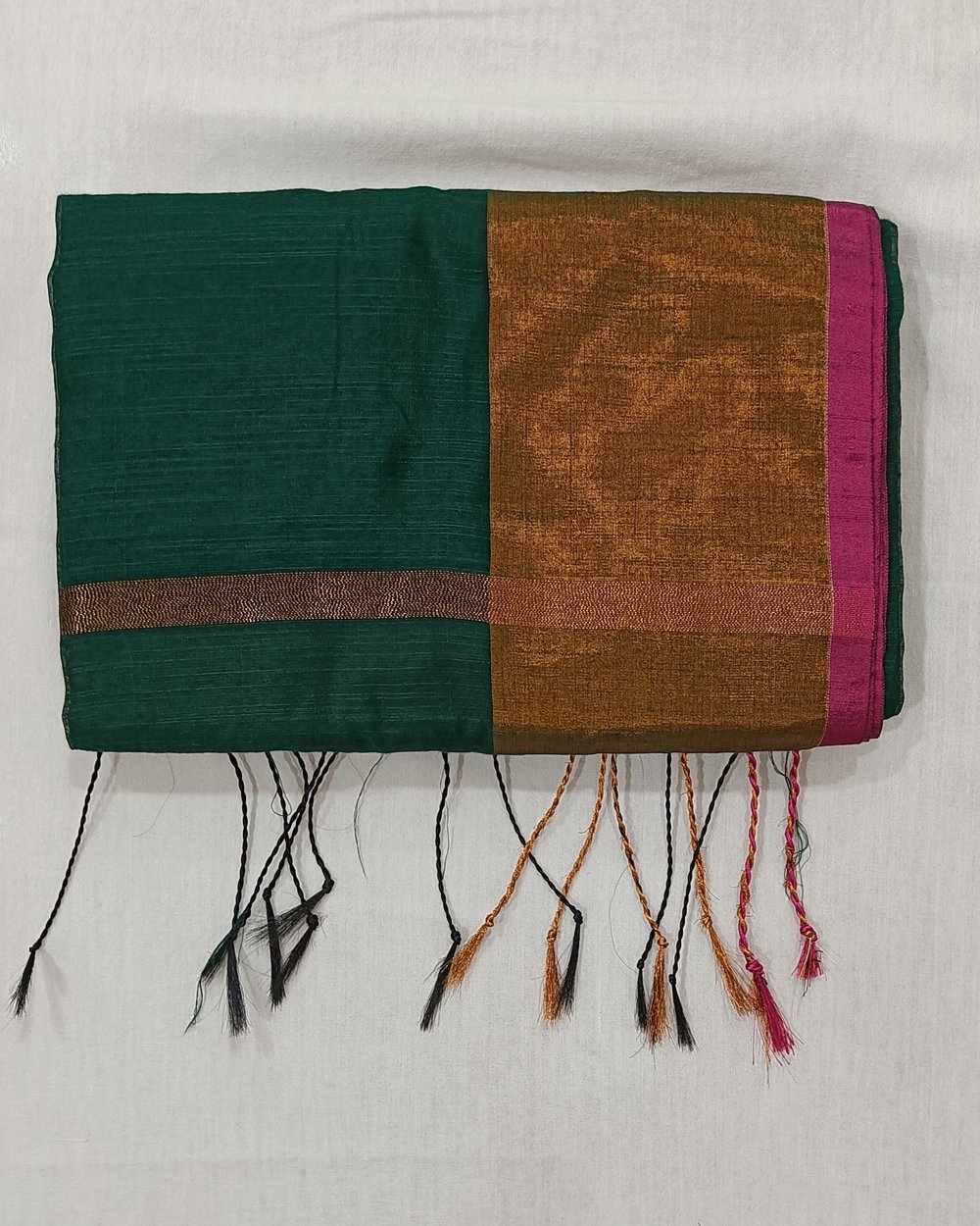 Green Color Silk Blended Saree With Big Copper Zari Border 