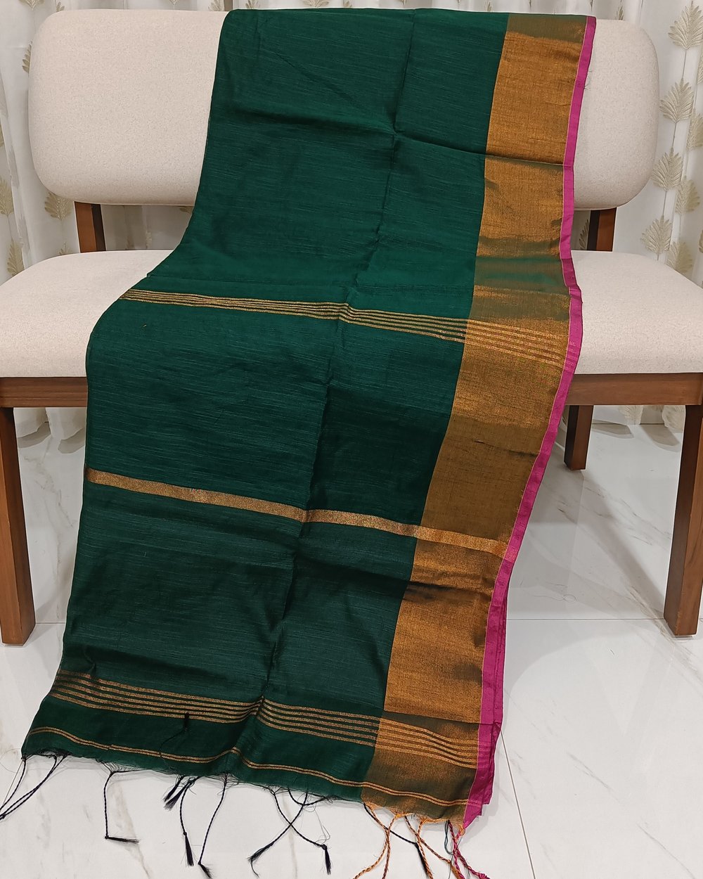Green Color Silk Blended Saree With Big Copper Zari Border 