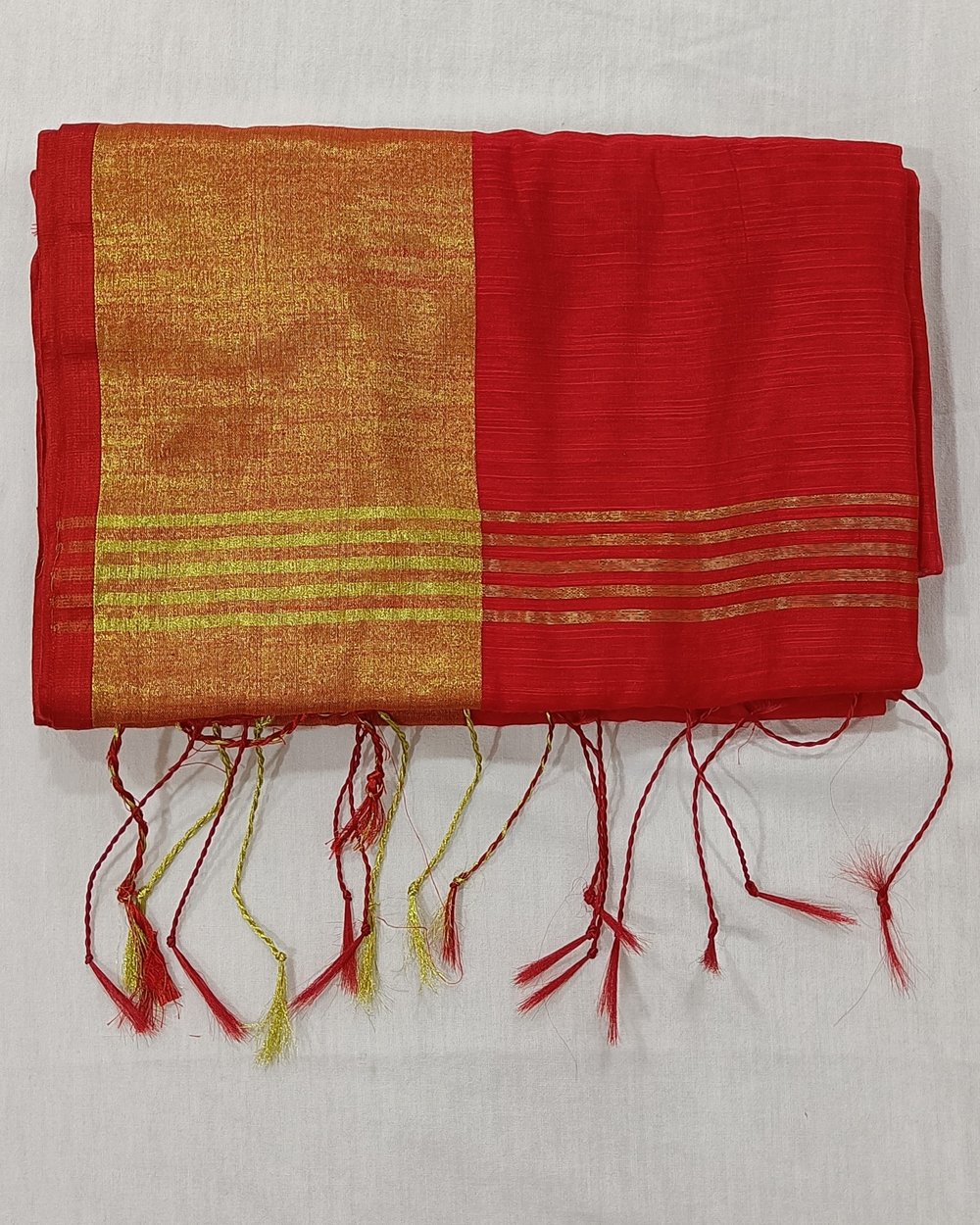 Red Color Silk Blended Saree With Big Golden Zari Border 