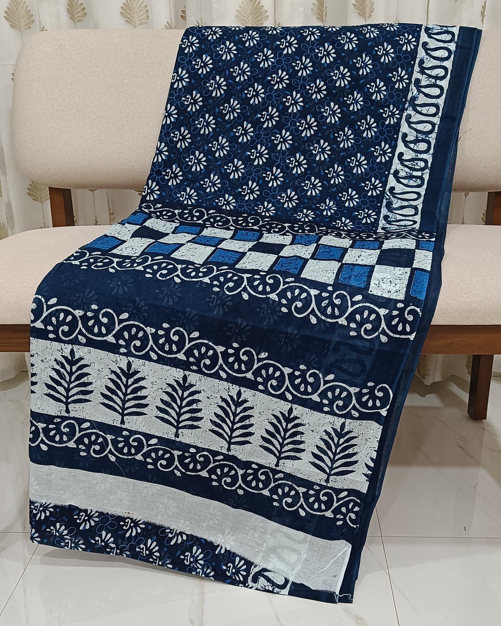 Indigo Color Print on Mul Cotton Saree