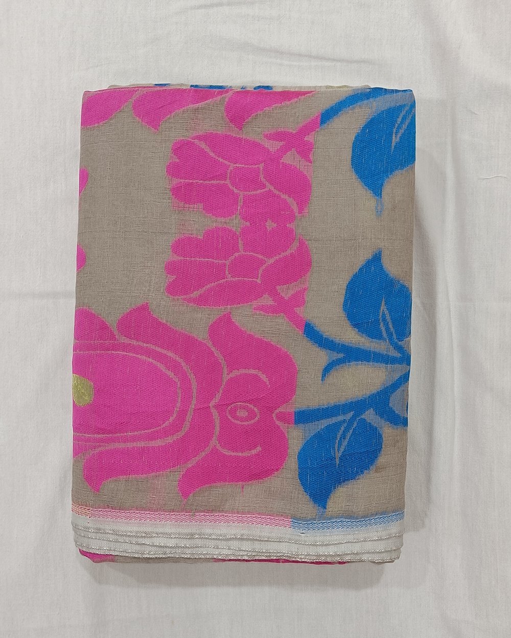 Ash Color Saree With Pink and Blue Woven Design