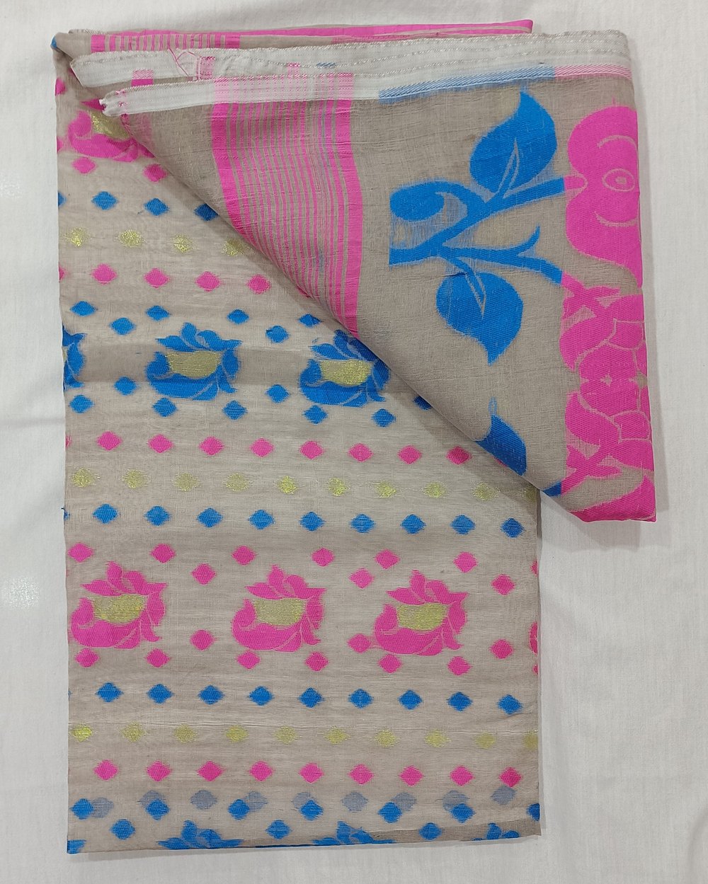Ash Color Saree With Pink and Blue Woven Design