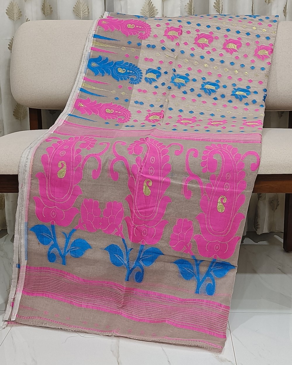 Ash Color Saree With Pink and Blue Woven Design