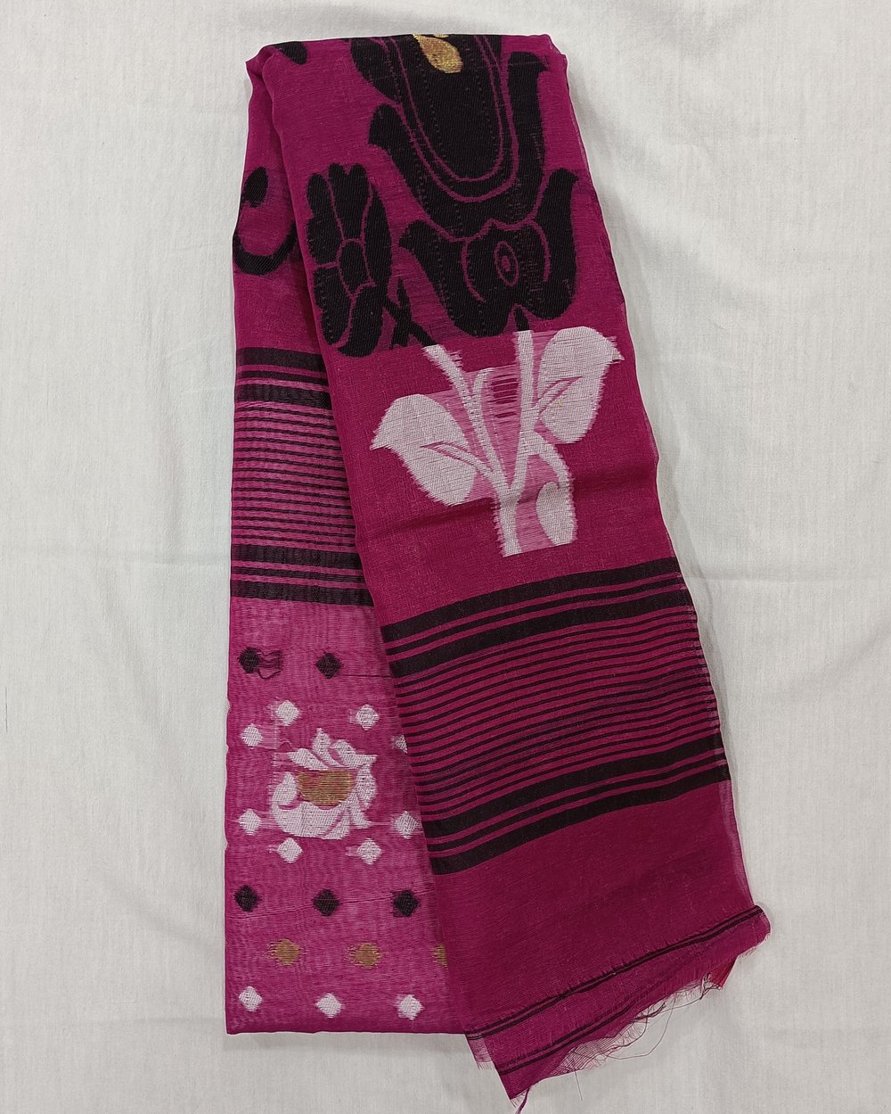Dark Pink Saree With Black and White Woven Design