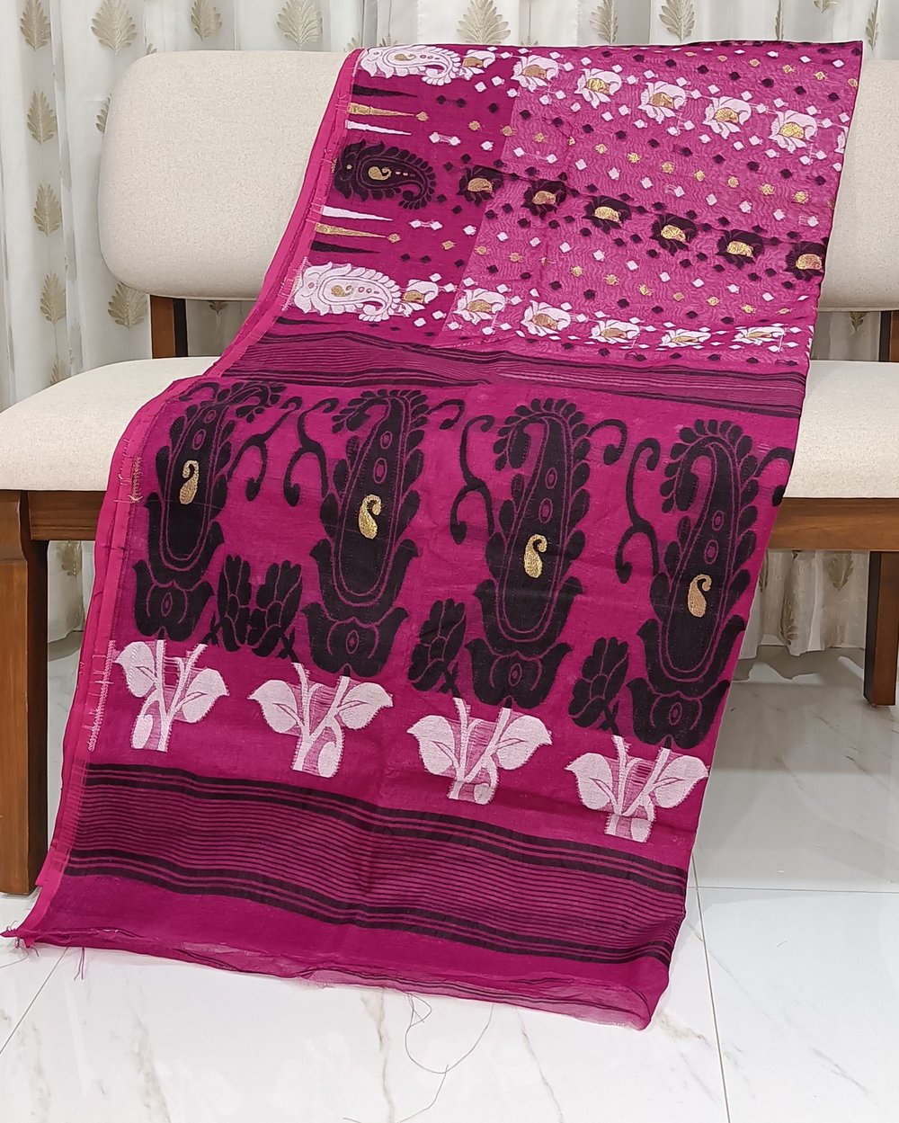 Dark Pink Saree With Black and White Woven Design