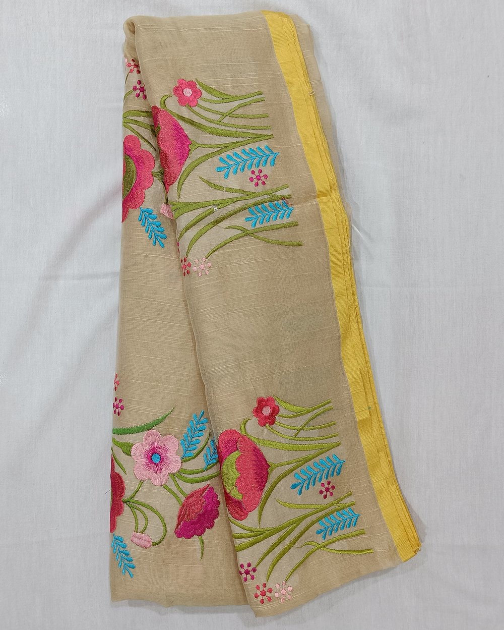 Cream Color Slub Cotton Saree With Floral Embroidery 