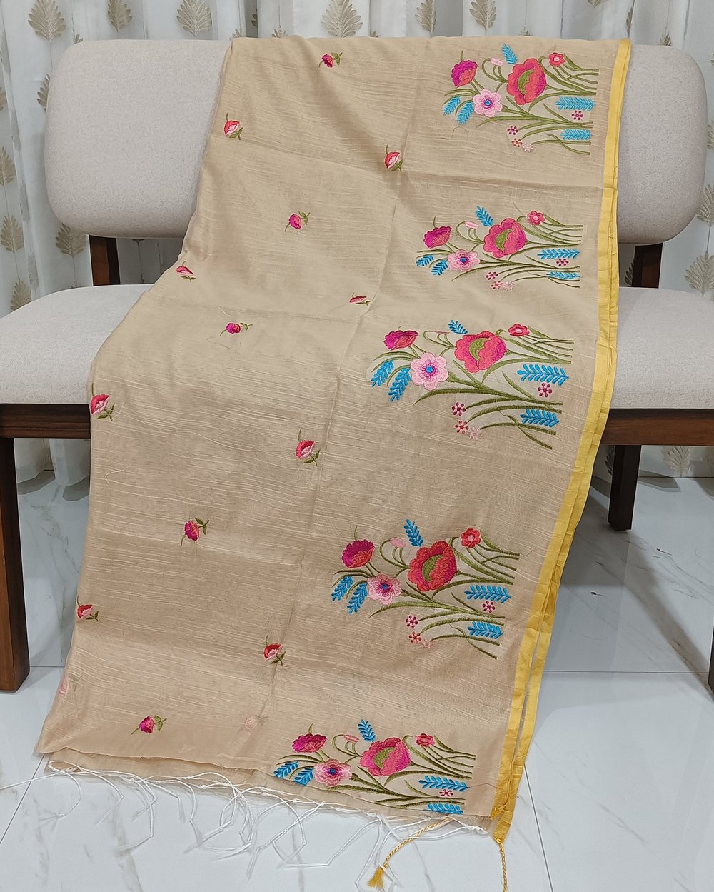 Cream Color Slub Cotton Saree With Floral Embroidery 