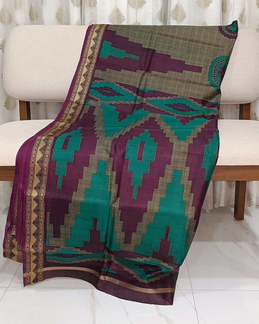 Pure Silk Saree With Purple and Green Print