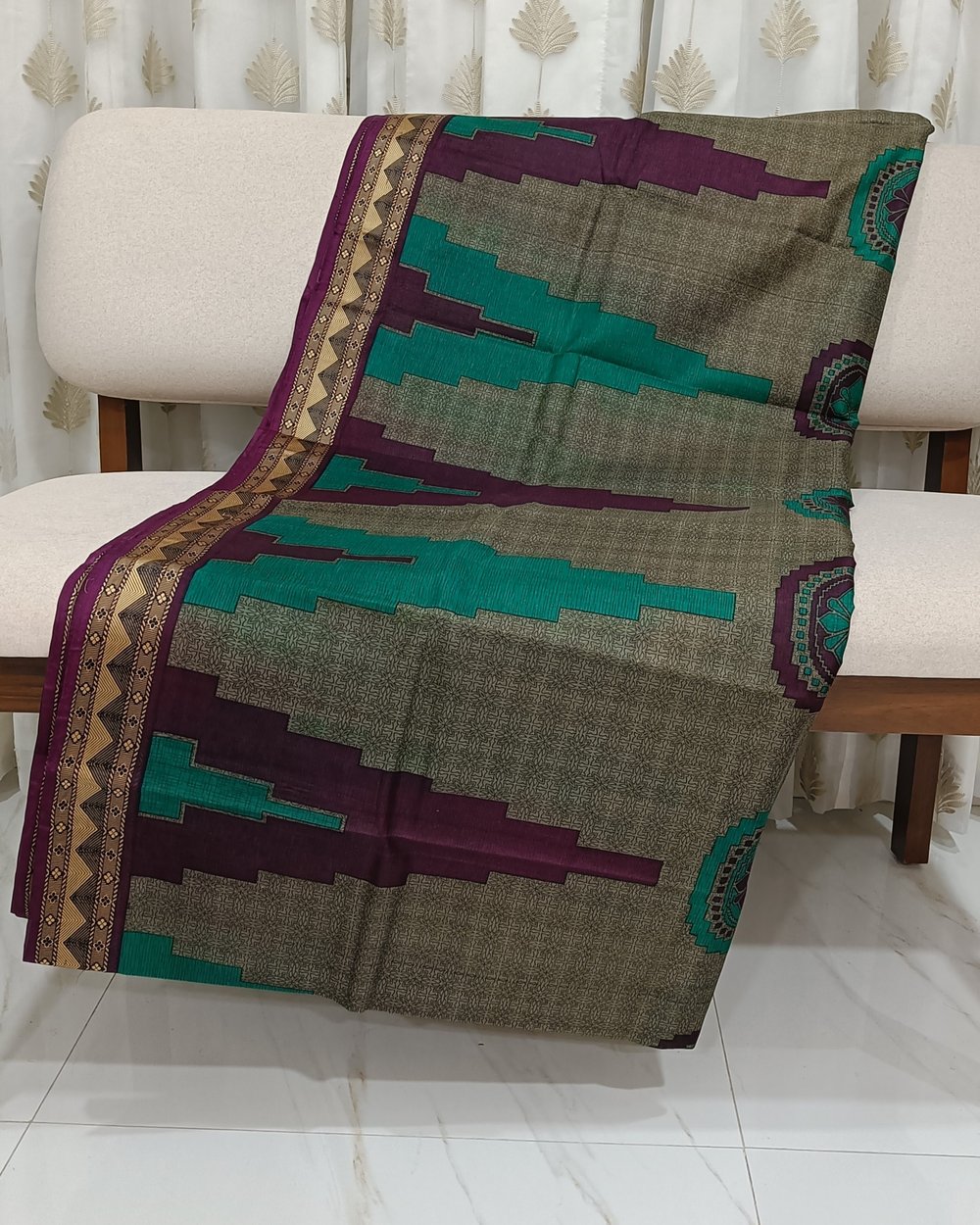 Pure Silk Saree With Purple and Green Print