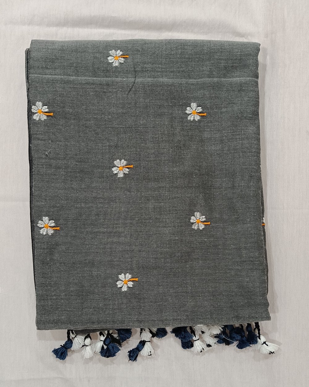 Grey Color Khadi Saree With Parijat Flowers