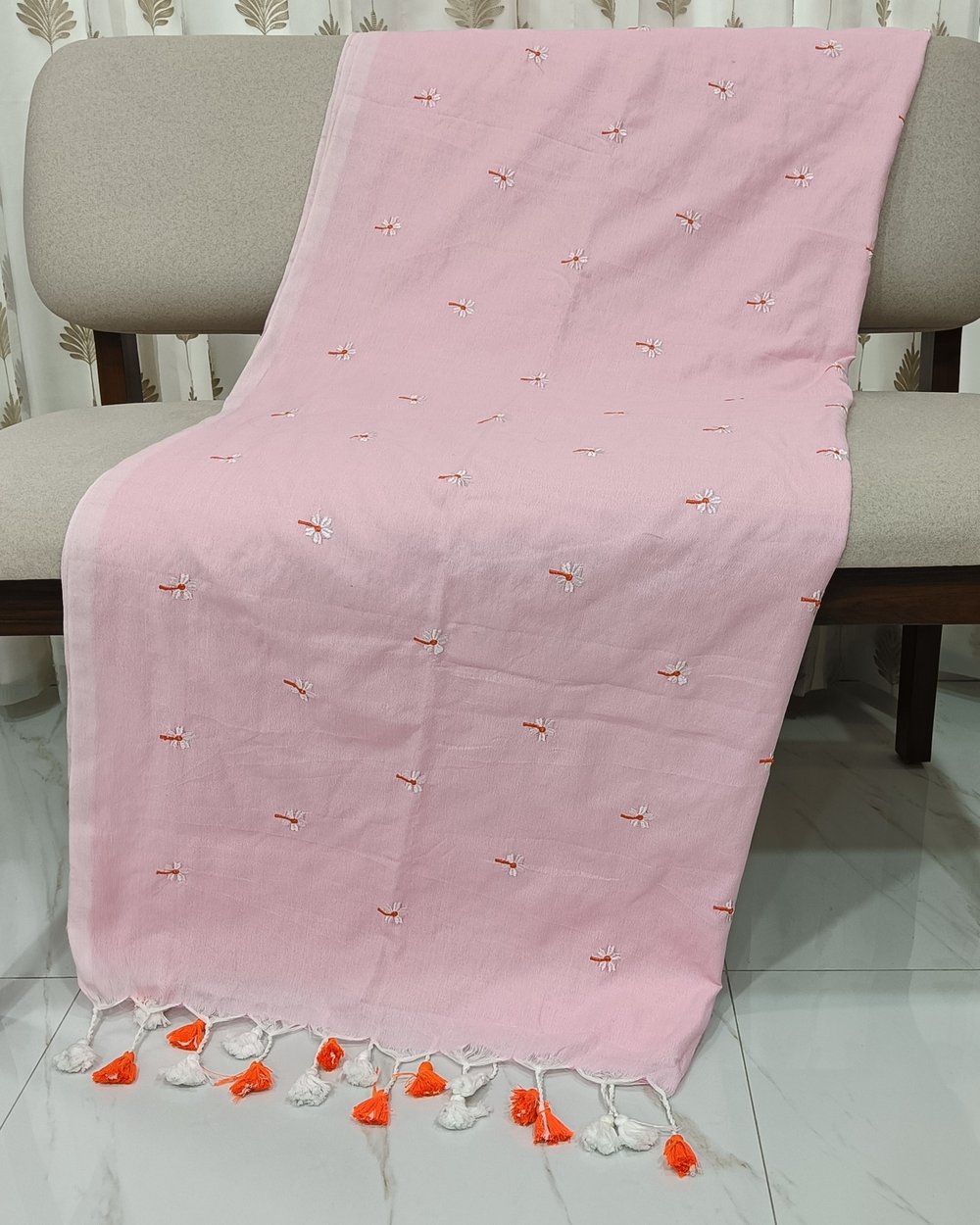 Pink Color Khadi Saree With Parijat Flowers