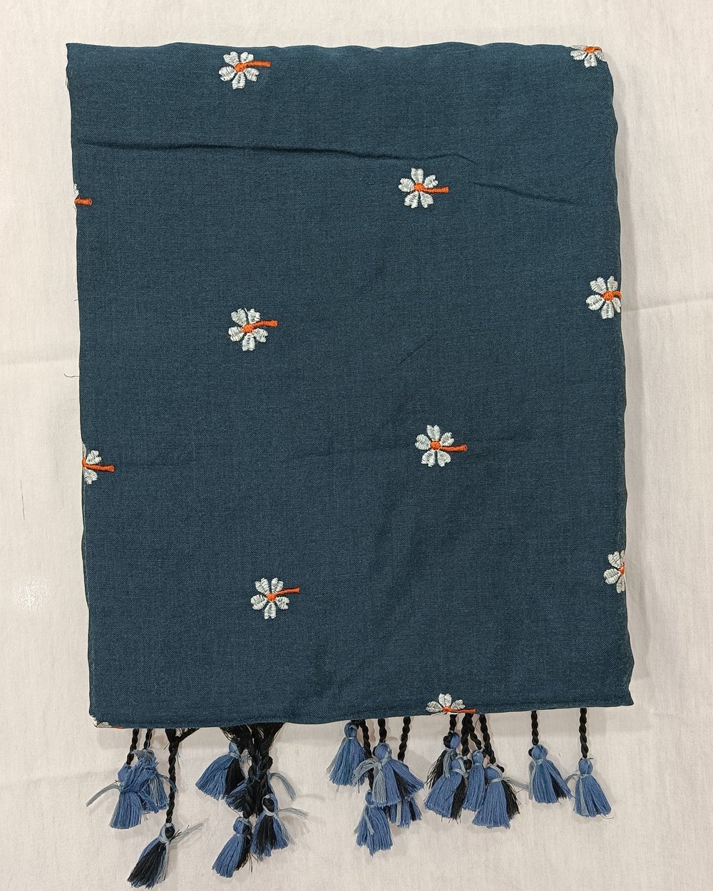 Blue Color Khadi Saree With Parijat Flowers