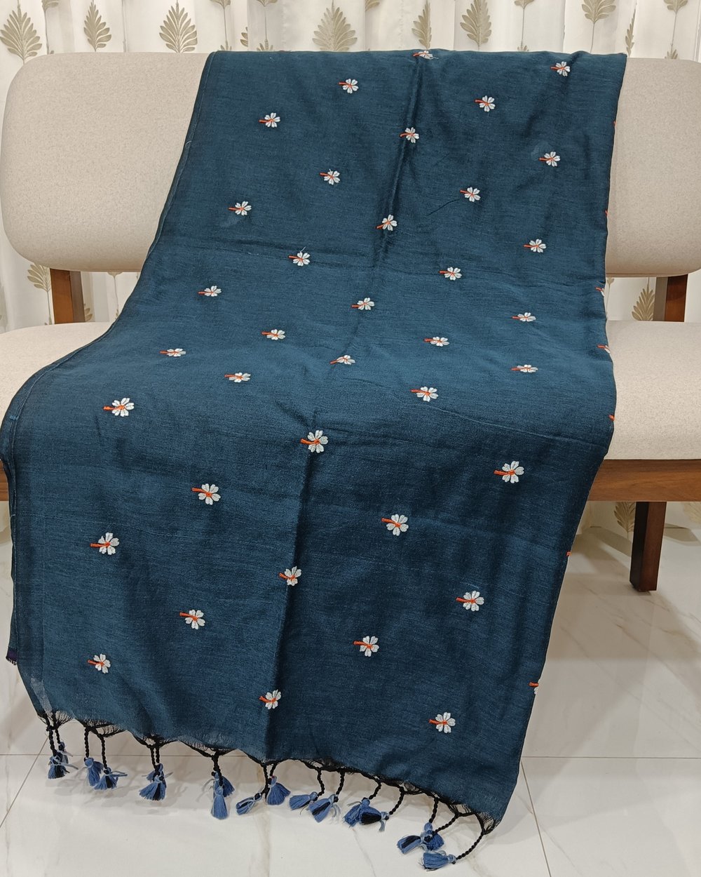 Blue Color Khadi Saree With Parijat Flowers