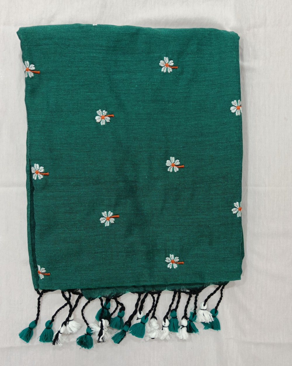 Green Color Khadi Saree With Parijat Flowers