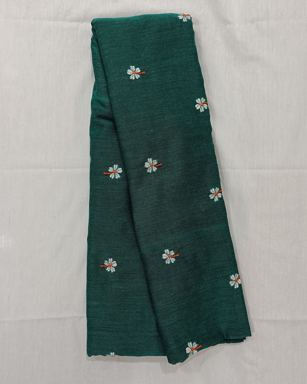 Green Color Khadi Saree With Parijat Flowers