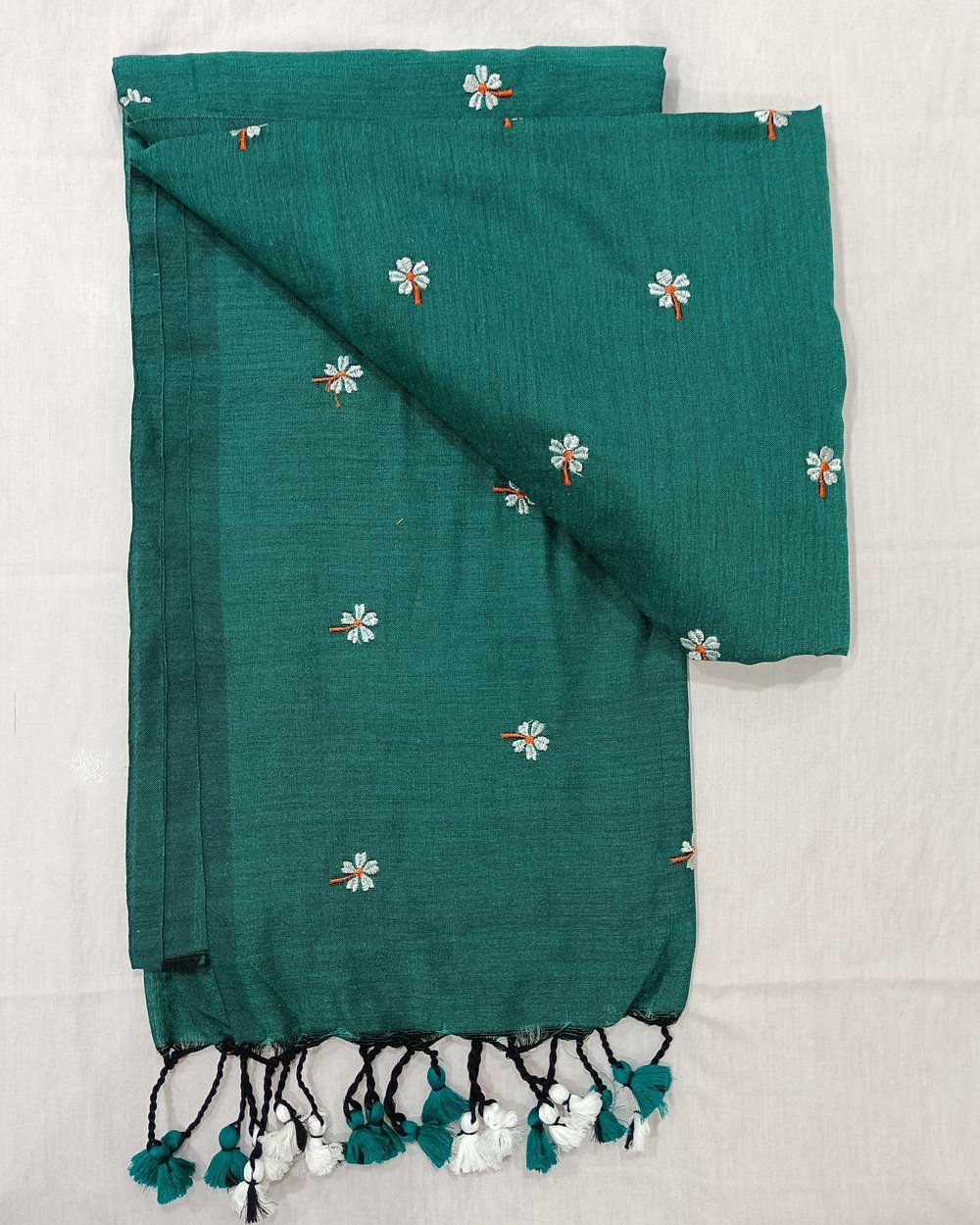 Green Color Khadi Saree With Parijat Flowers