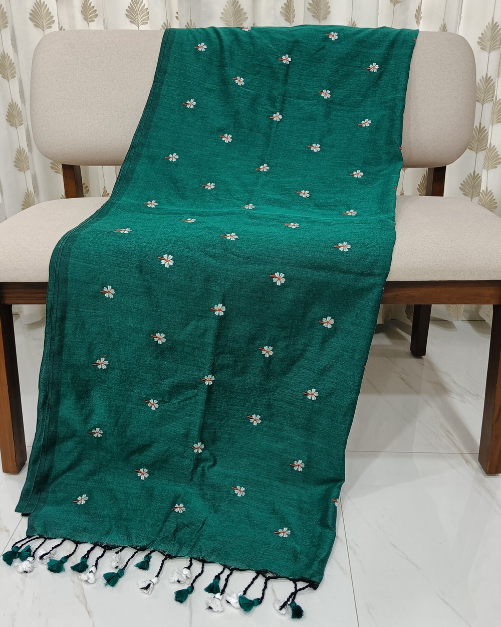 Green Color Khadi Saree With Parijat Flowers