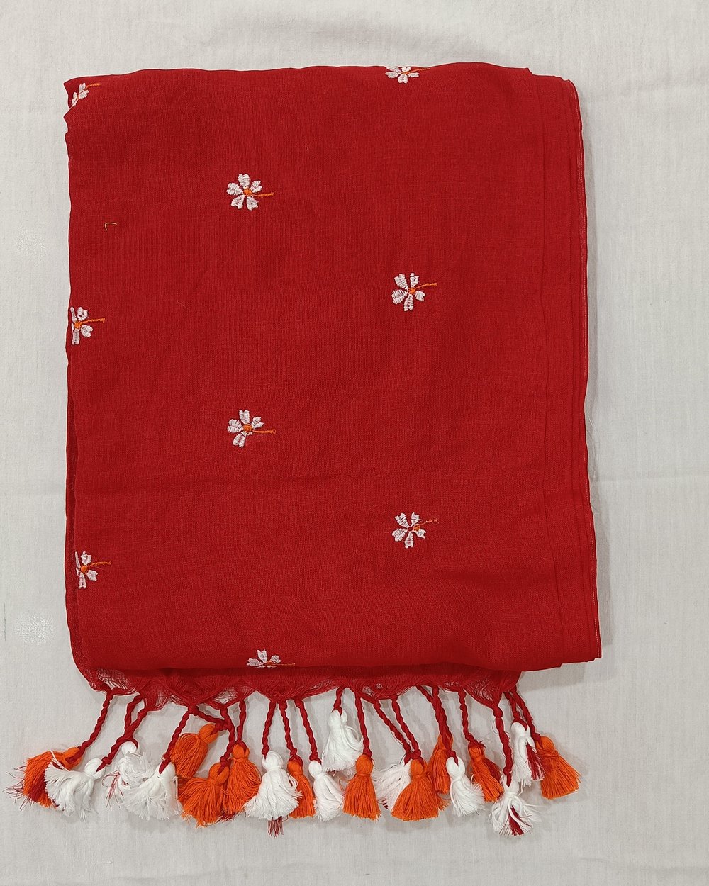 Red Color Khadi Saree With Parijat Flowers