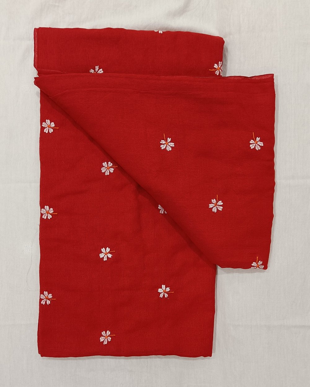 Red Color Khadi Saree With Parijat Flowers