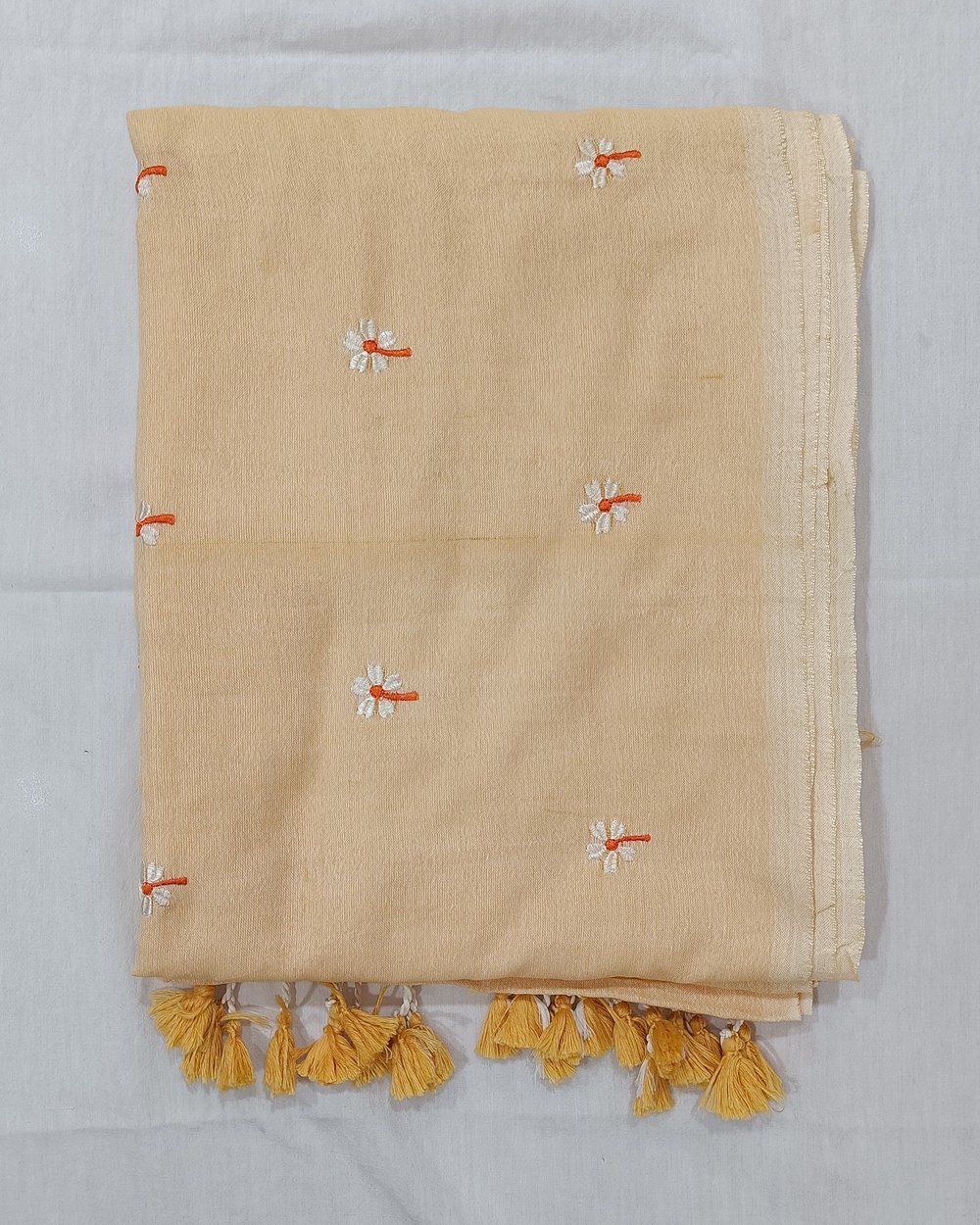 Pastel Orange Color Khadi Saree With Parijat Flowers