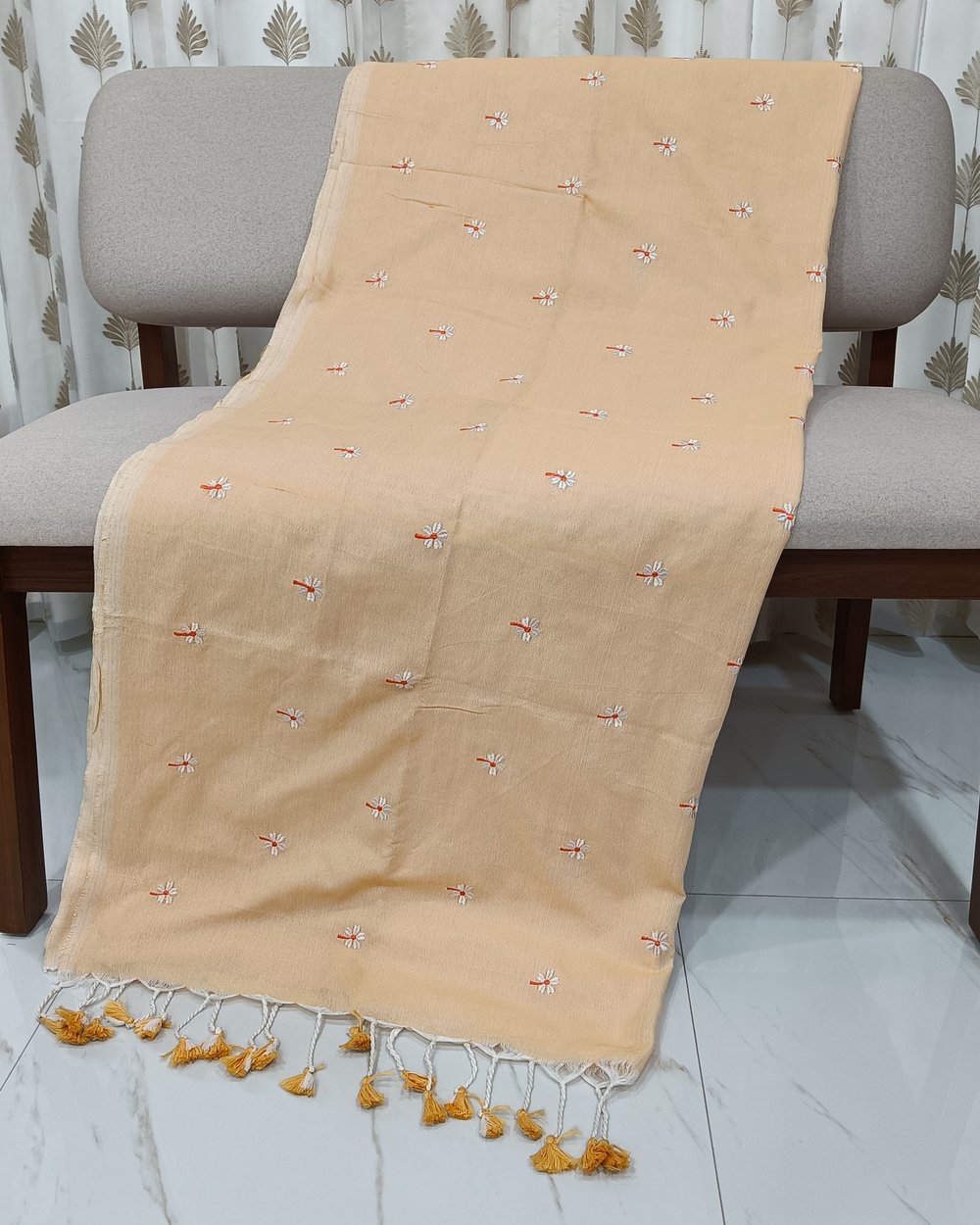 Pastel Orange Color Khadi Saree With Parijat Flowers